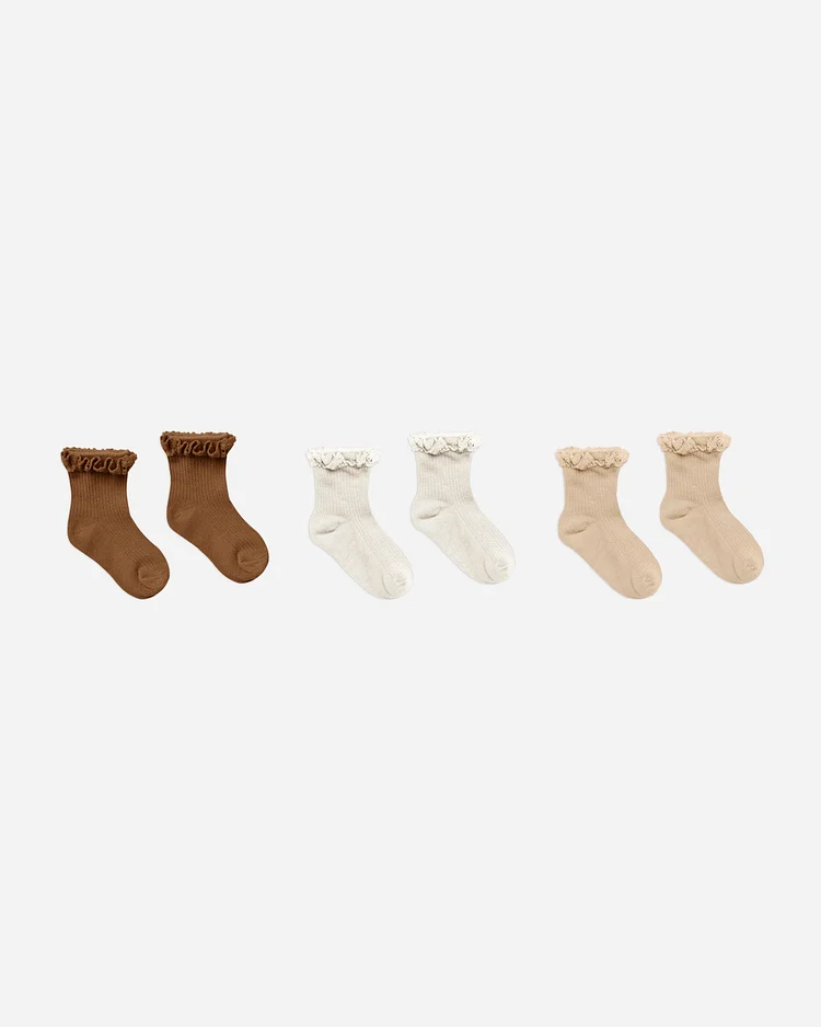 Ruffle Socks, 3 Pack || Chocolate, Ivory, Shell