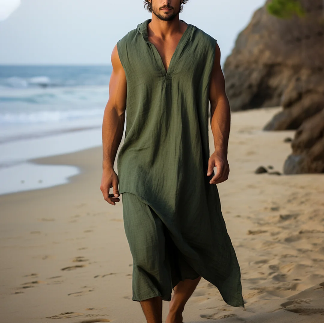 Men's Holiday Linen Plain Hooded Kaftan-inspireuse