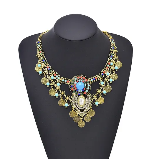 New ethnic style inlaid rhinestone turquoise necklace bohemian double-layer coin tassel sweater chain ancient style necklace