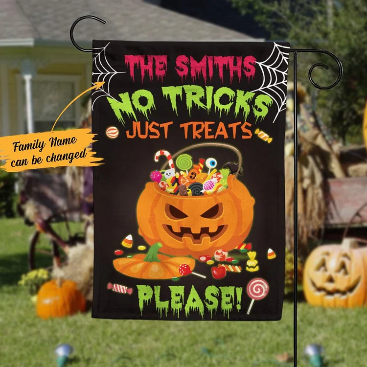 Personalized Halloween Pumpkin Garden Flag "No Tricks Just Treats"