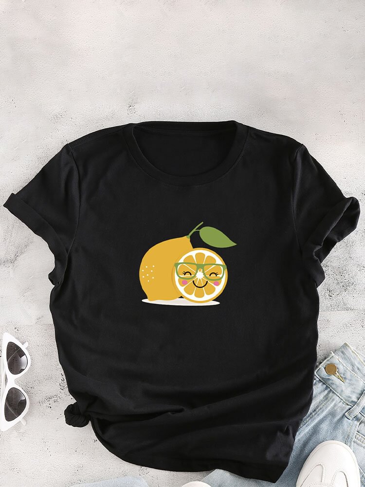 Cartoon Lemon Print O neck Short Sleeve T Shirt For Women P1825473