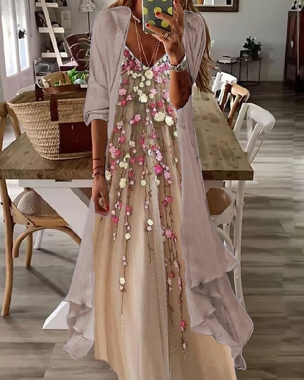 Fake Two Piece Casual V-neck Printed Maxi Dress S-5XL - Chicaggo