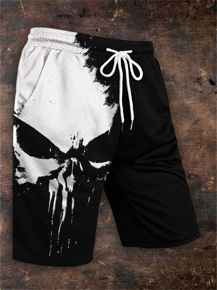 BrosWear Men's Skull Graffiti Contrast Color Drawstring Shorts
