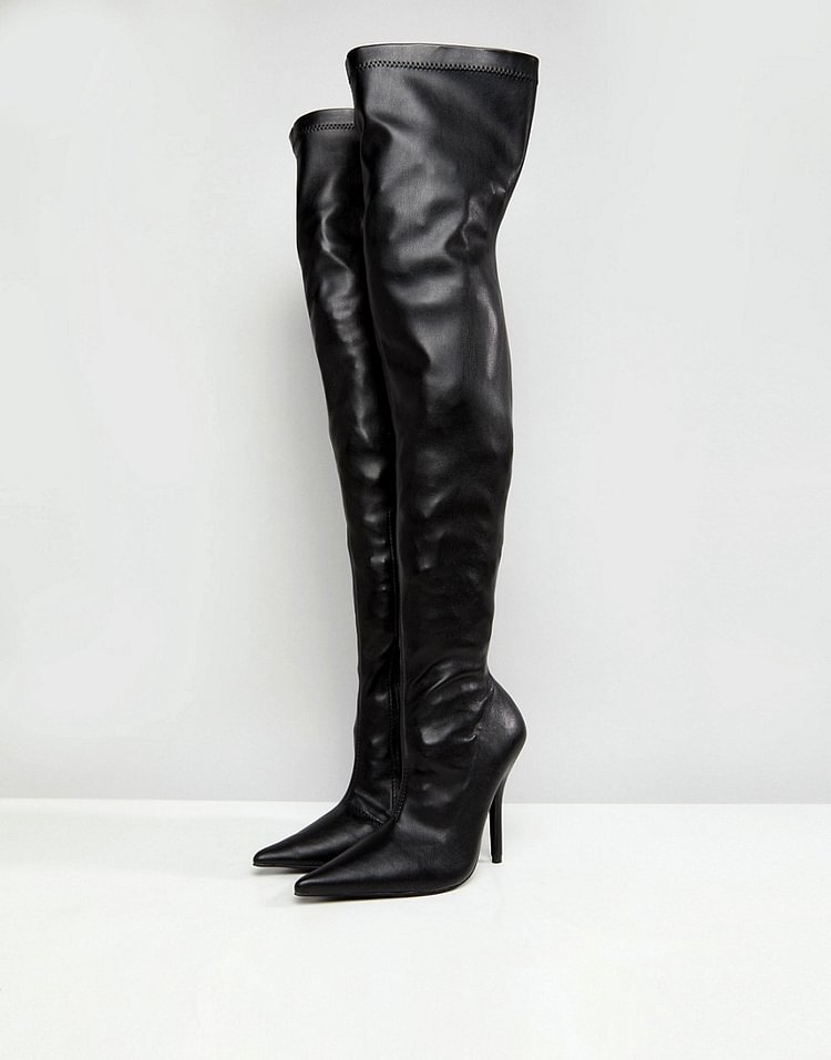 Black Vegan Leather Pointy Toe Thigh High Heel Boots |FSJ Shoes