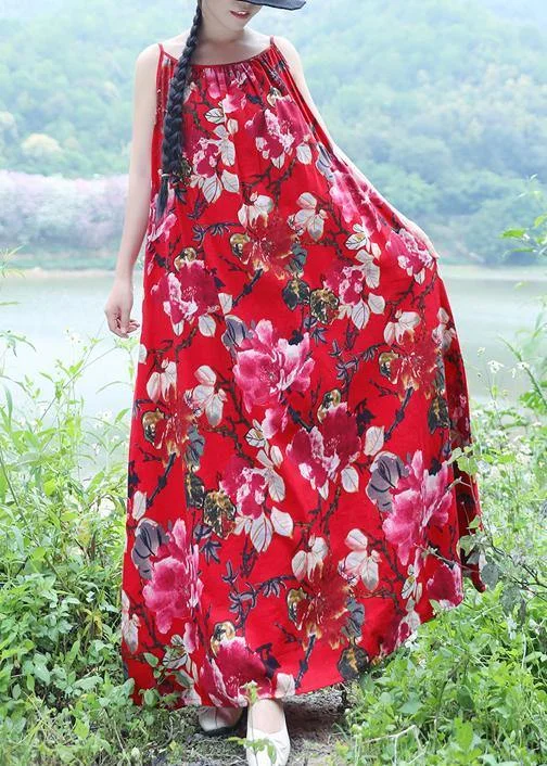 100% red floral linen sleeveless long summer Dresses