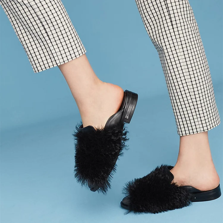 Black Round Toe Faux Fur Flat Mule Loafers for Women |FSJ Shoes
