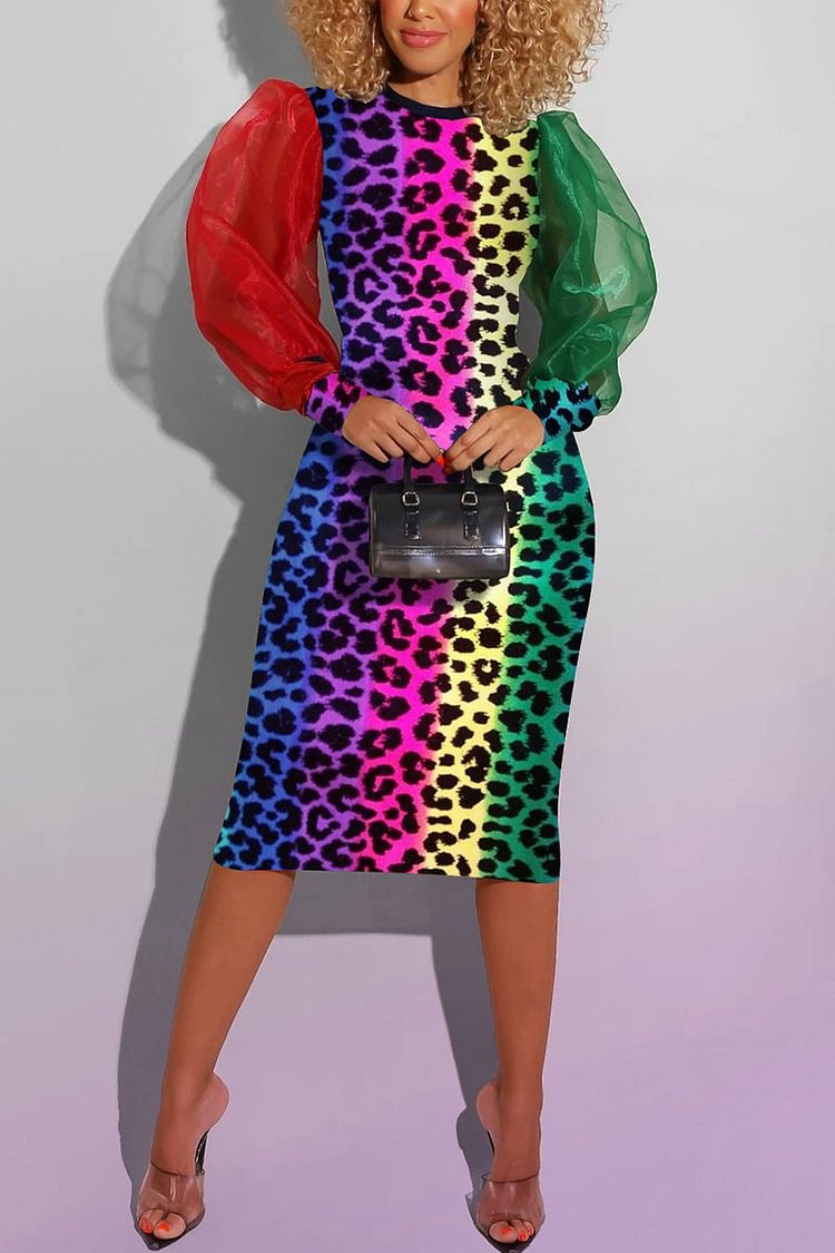 Leopard Rainbow Stripes Puff Sleeve Midi Dress