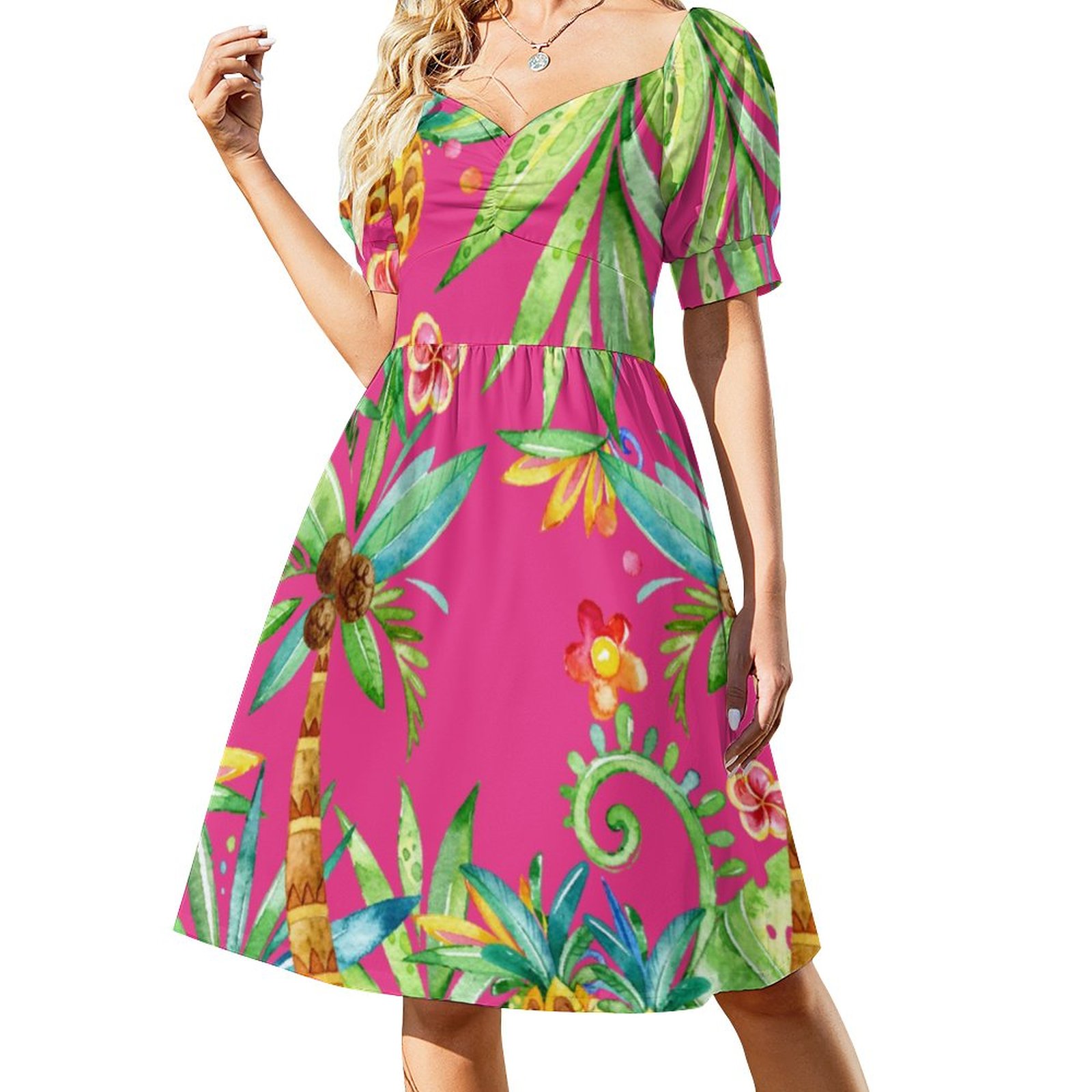 Tropical Floral Exotic Hot Pink Dress Women Boho High Waist Flared Puff Sleeve Cute Sweetheart Midi Dress Pink & Floral-L