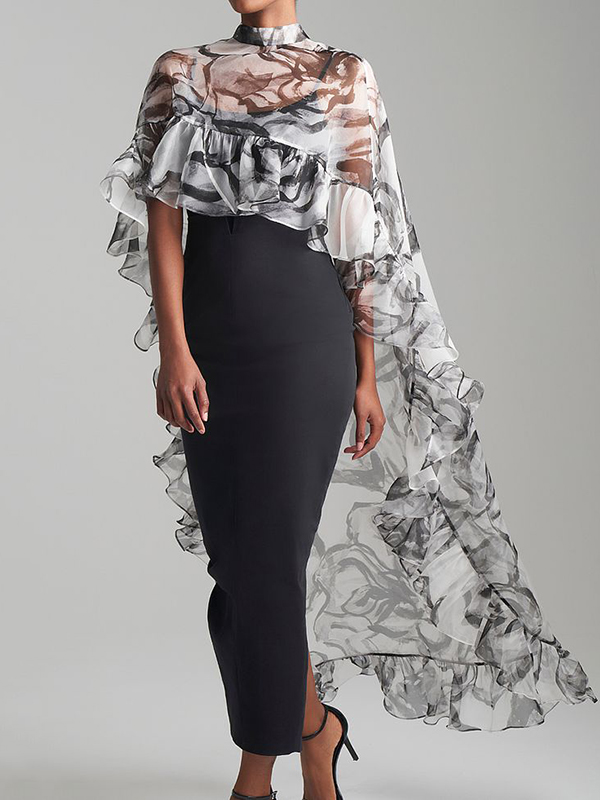High-Low Loose Floral Flower Print Pleated See-Through Split-Joint Sun Protection Stand Collar Blouses&Shirts Tops