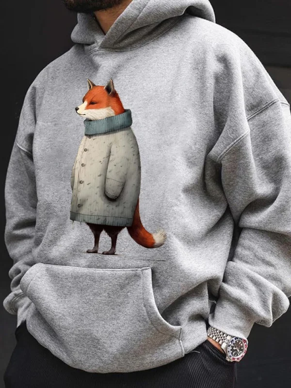 Men's Clothing Fox Big Pocket Graphic Print Hooded Sweatshirt
