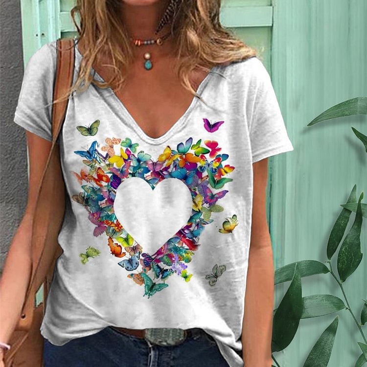 Comstylish Casual Butterfly Heart Print Round Neck T-Shirt