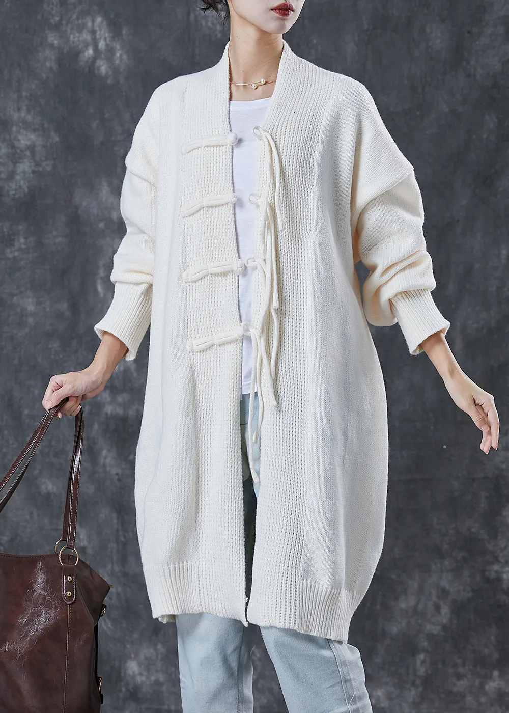 White Patchwork Knit Cardigan Unisex Loose Fit With Lace Trim And Chinese Button Closures main image 0