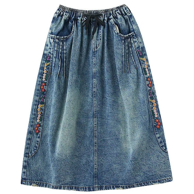 Literary Embroidery Elastic Waist Denim Skirt