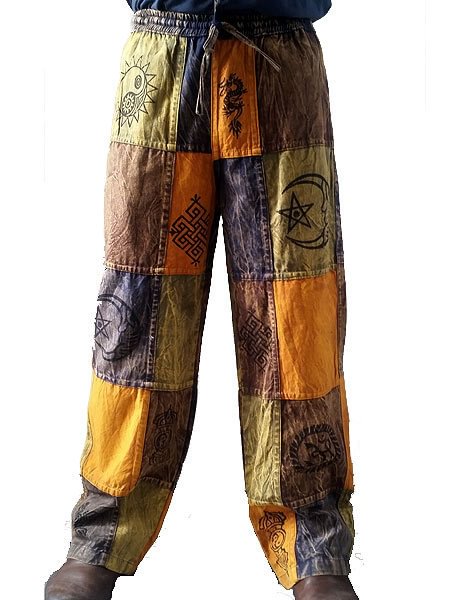 Men's Hippie Patchwork Print Cotton Linen Casual Trousers