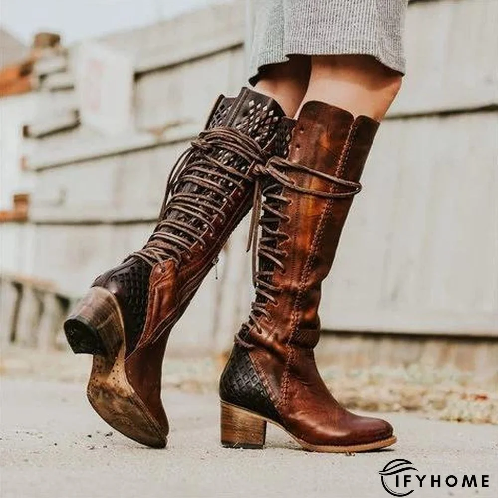 Vintage Lace-Up Hollow-Out Boots Chunky Heel Color Block Boots | IFYHOME