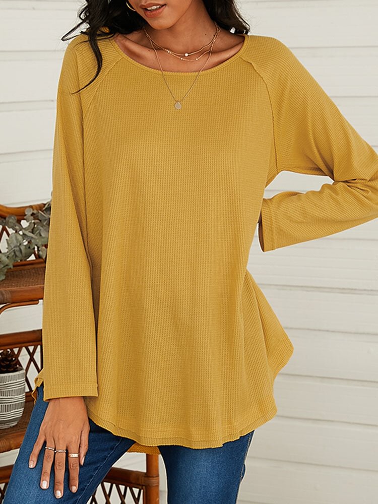 Solid Color Long Sleeve O neck Slit Hem T shirt For Women P1765748