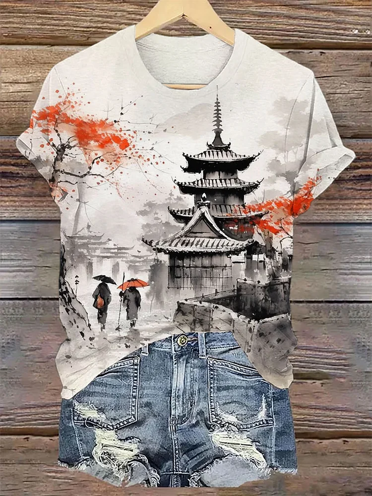 Women's Rain Tower Ink Painting Print Round Neck Top socialshop