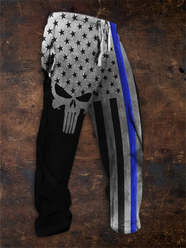 BrosWear Men's American Flag Inspired Skull Contrast Sweatpants