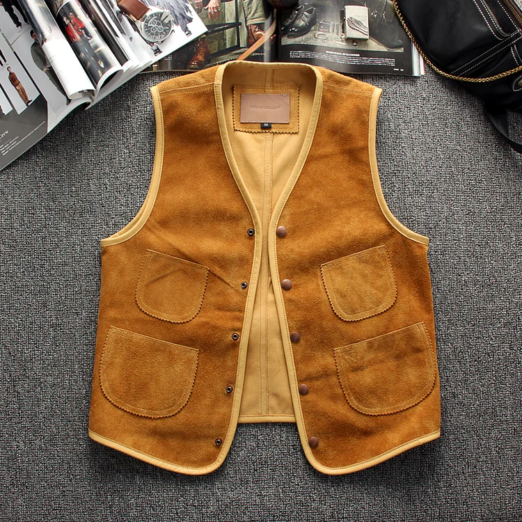 TIMSMEN Western Denim Vintage Suede Leather Vest