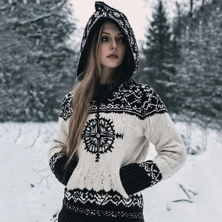 Vintage Viking Compass Celtic Cozy Chunky Hooded Cardigan