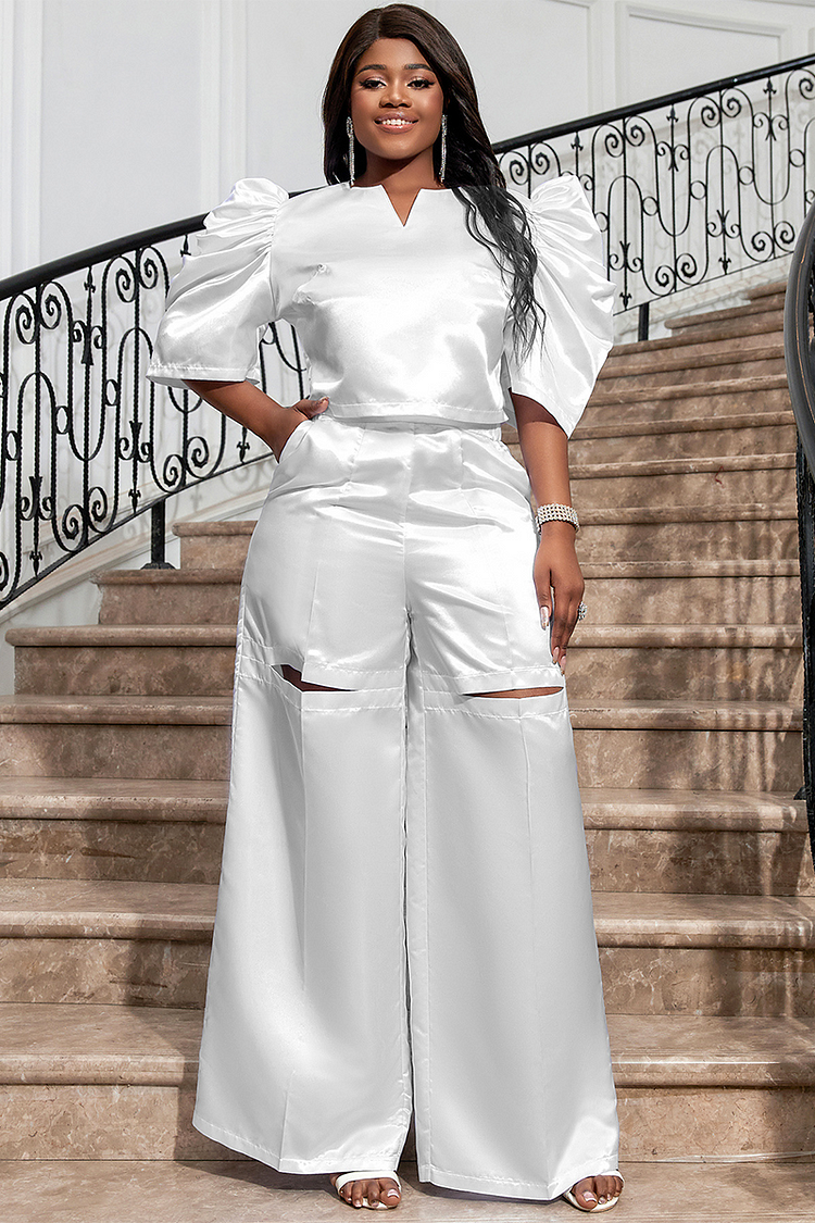 Juliet Sleeve Crop Top Cutout Wide Leg Pants Matching Set-White