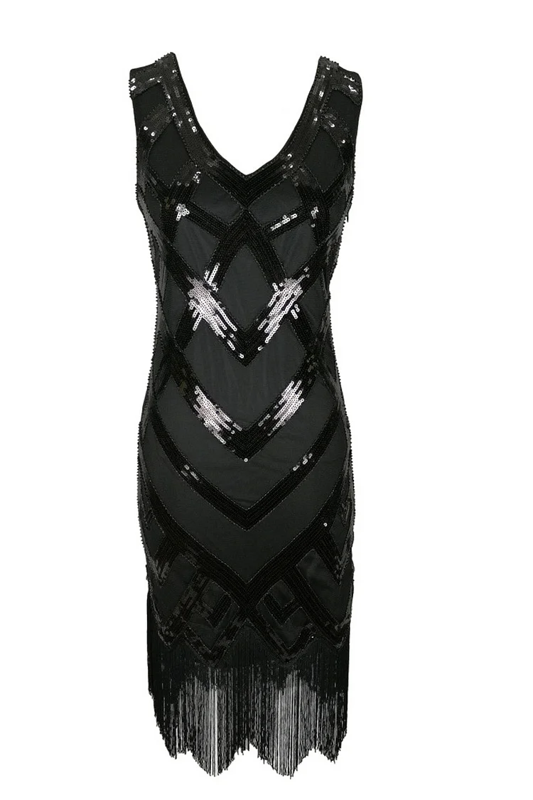 1920s Sequin Fringe V Neck Sleeveless Evening Dresses