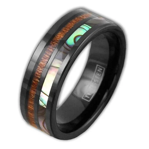 Women's Or Men's Wedding Tungsten Carbide Wedding Band Matching Rings,Black Bands - Rainbow Abalone Shell & Wood Inlay. Flat Edged Tungsten Carbide Ring With Mens And Womens For Width 4MM 6MM 8MM 10MM