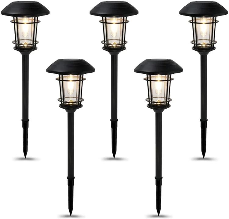 Grand Patio Outdoor, 5 Pack Solar-Powered Glass Light Aluminum&Steel Frame, All-Weather Pathway Lights, Automatic Dusk/Dawn Sensor, Black