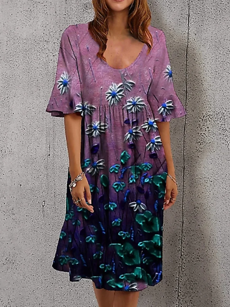 Floral Oil Painting Ruffle Midi Dress