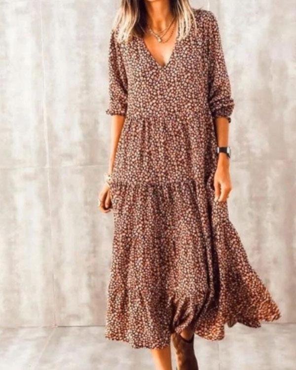Bohemian Print Long Sleeve A-Line Flowy Layer Maxi Dress - Chicaggo