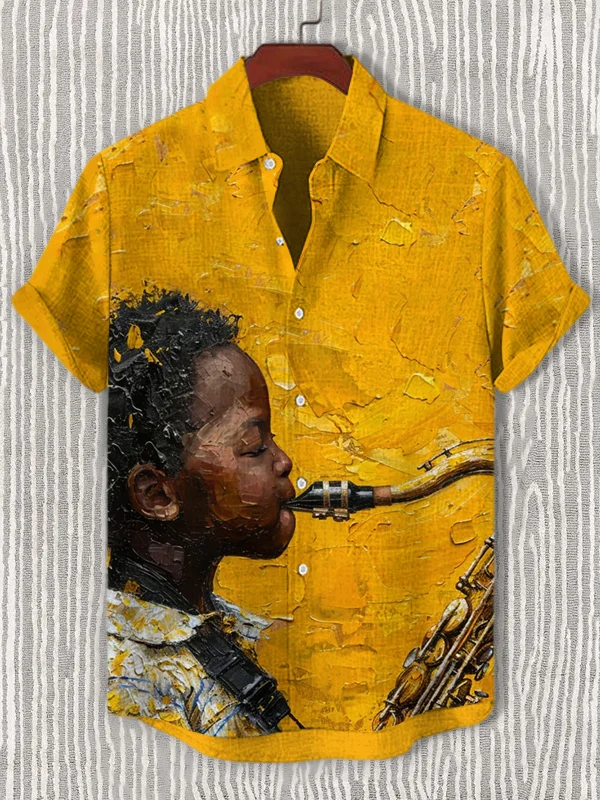 Men's Black Boy Playing Saxophone Jazz Art Print Casual Shirt