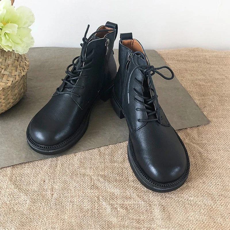 Martin Boots For Women Handmade Lace-Up Leather Ankle Booties in Black/Coffee