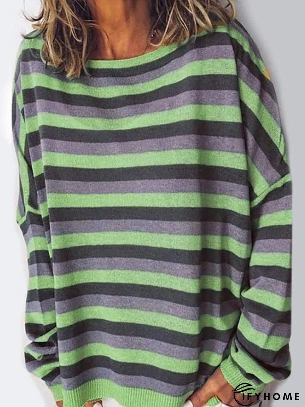 Stripe Round Neck Long Sleeve Casual T-shirt | IFYHOME