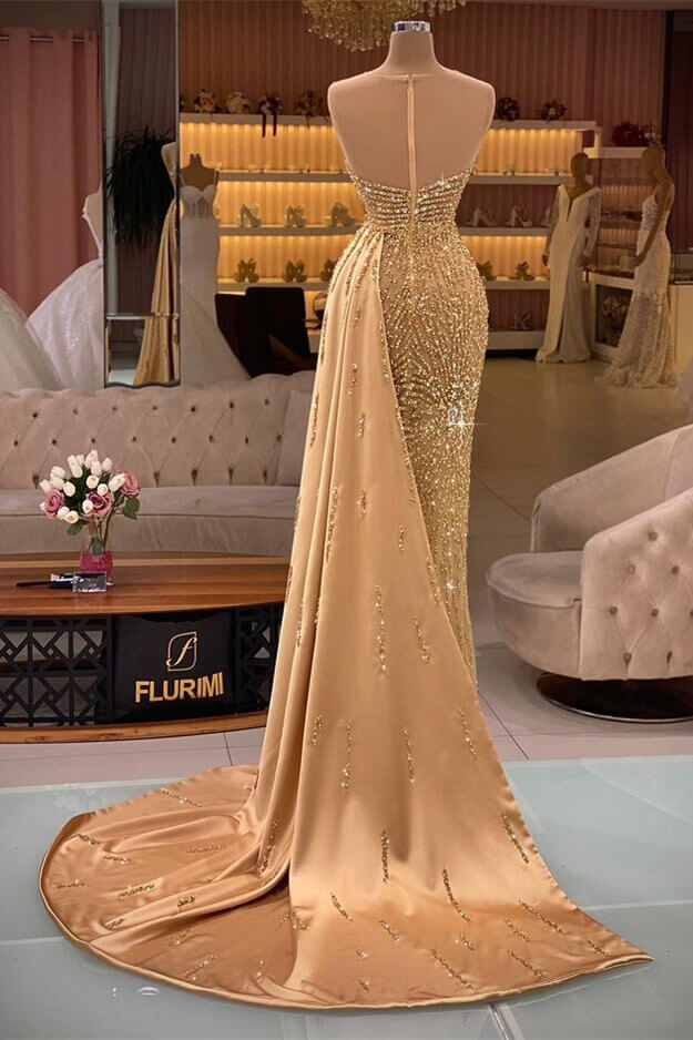 Daisda Gorgeous Gold Sweetheart Sleevelss Mermaid Evening Dress Ruffle