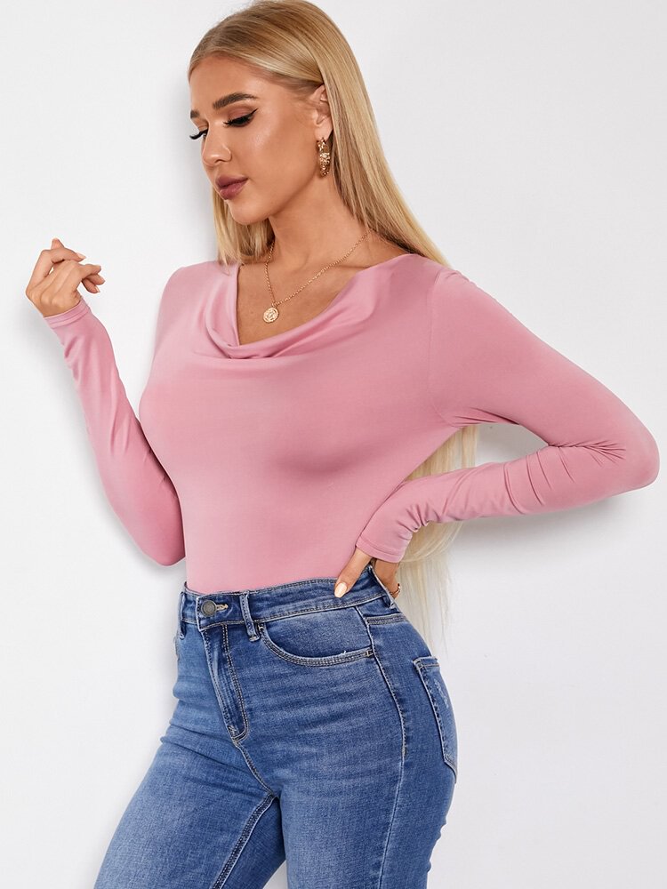 Solid Cowl Neck Long Sleeve Skinny High Elastic T-shirt For Women