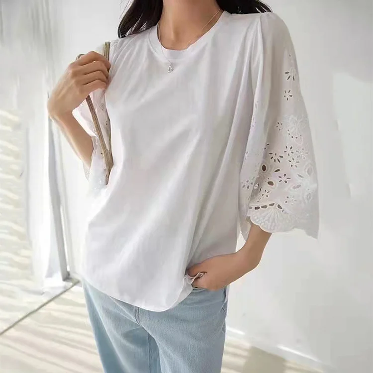 Casual Embroidered Hollow Bubble Mid Sleeve Solid Color T-Shirt