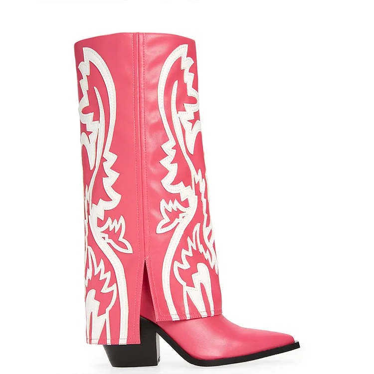FSJ Hot Pink Chunky Heel Below The Knee Western Fold Over Boots |FSJ Shoes