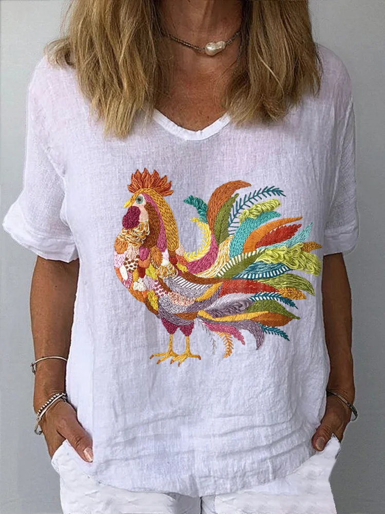 Colorful Rooster Embroidery Pattern Cotton Linen V-neck Shirt