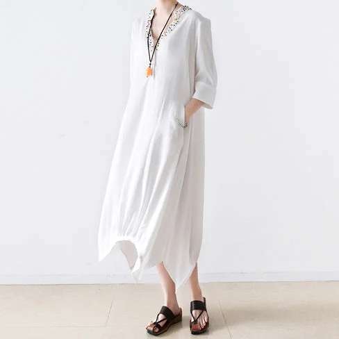 2021 fall cotton dresses V neck plus size white dresses beads details black cotton dresses