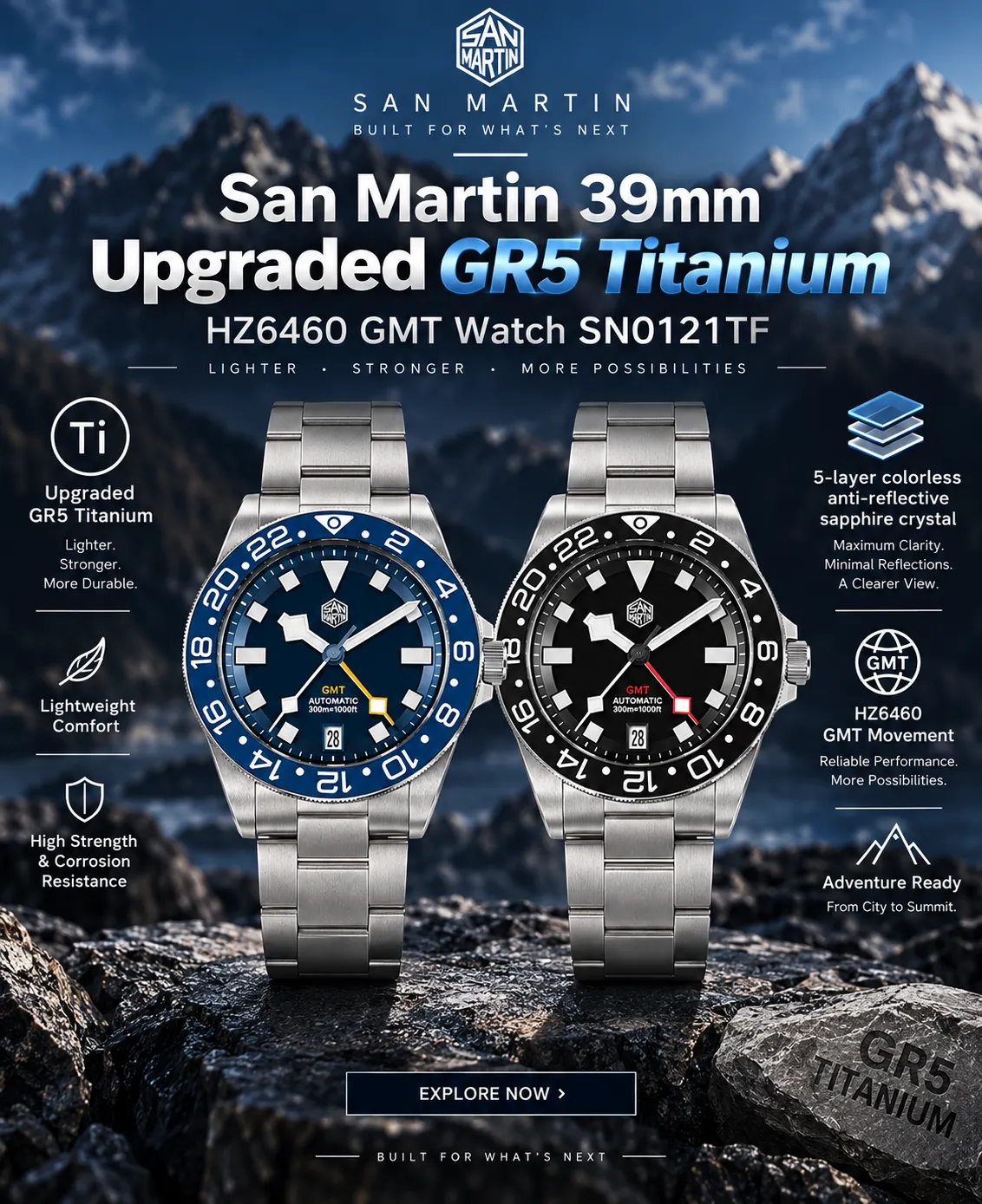San Martin SN0121TF Is Back in Stock: Upgraded GR5 Titanium GMT WatchSan Martin Watch San Martin Watches Store | Free Fast ShippingSan Martin Watches