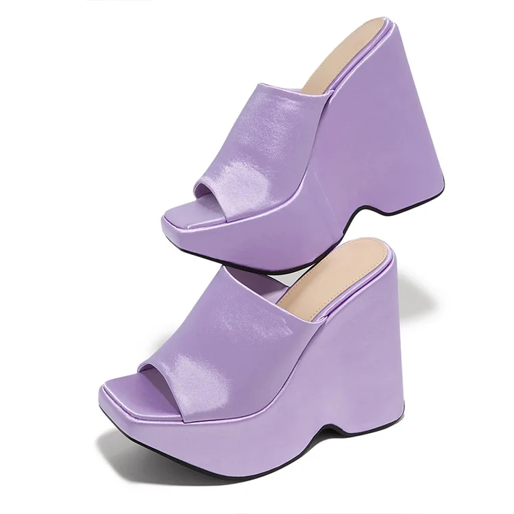 Women's Purple Satin Wedge Heels Square Toe Wide Band Platform Mules |FSJ Shoes