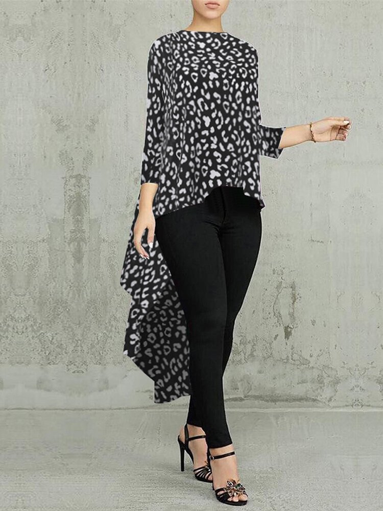 Leopard Print O neck Long Sleeve Irregular Blouse P1597917
