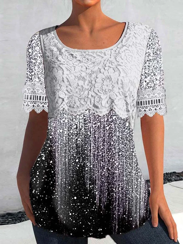 Women's Short Sleeve Scoop Neck Polka Dot Graphic Lace Stitching Top