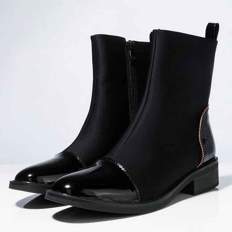 Black Lycra and Patent Leather Ankle Boots Block Heel Booties |FSJ Shoes