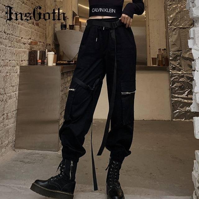 InsGoth Black High Waist Cargo Pants Women Harajuku Streetwear Casual Joggers Long Pants With Belts Female Loose Korean Style