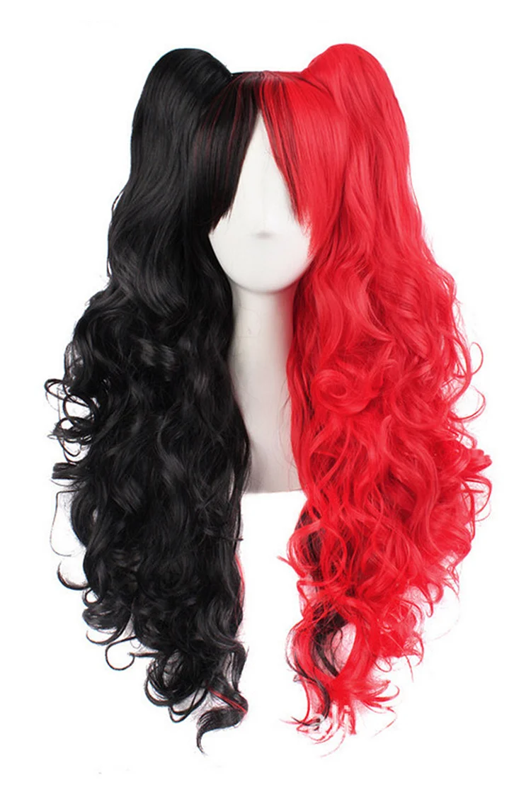 Gothic Black Red Party Long Curly Hair Double Ponytail Center Parting Wigs