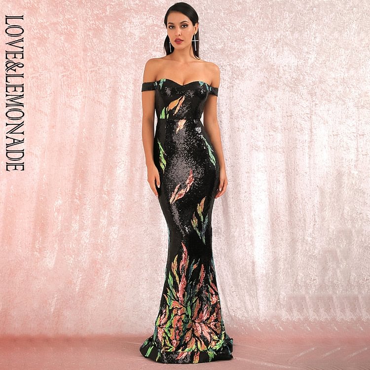 Sexy Tube Top Black Positioning Pattern Sequins Slimming Fishtail Shape Maxi Dress LM81343-3# - BlackFridayBuys