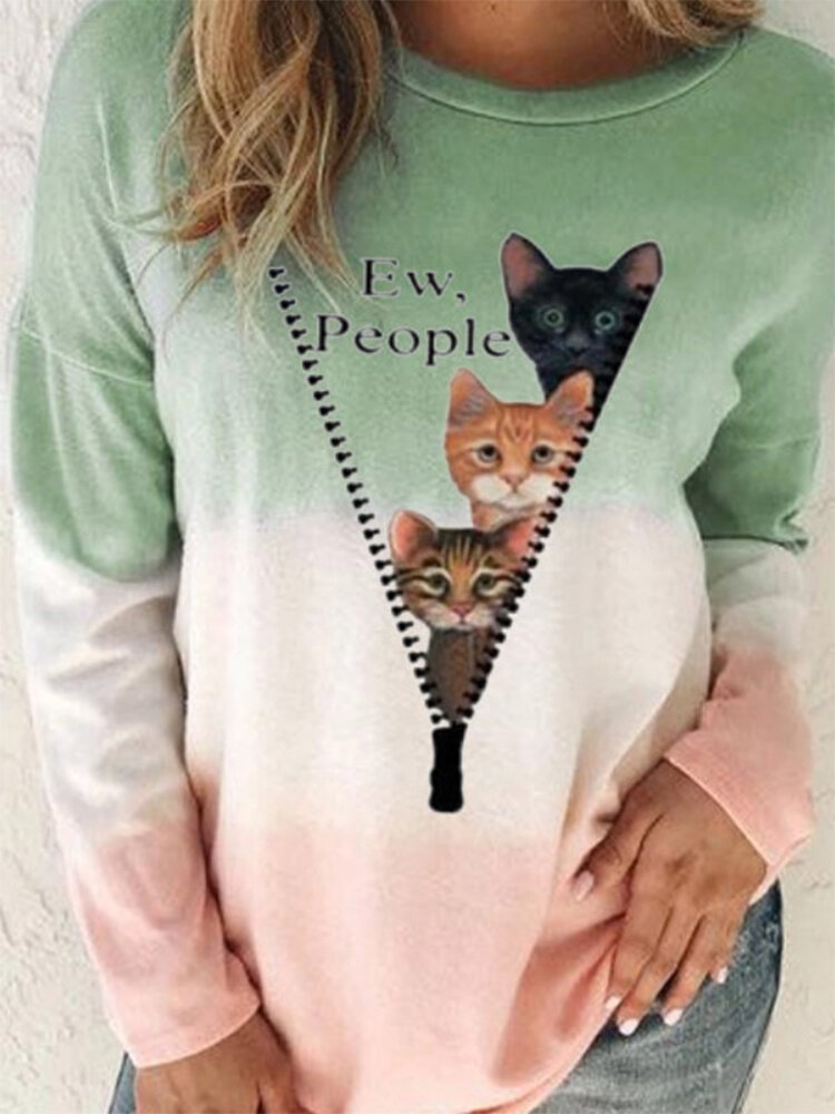 Cat Print Long Sleeves O neck Casual T shirt For Women P1767469