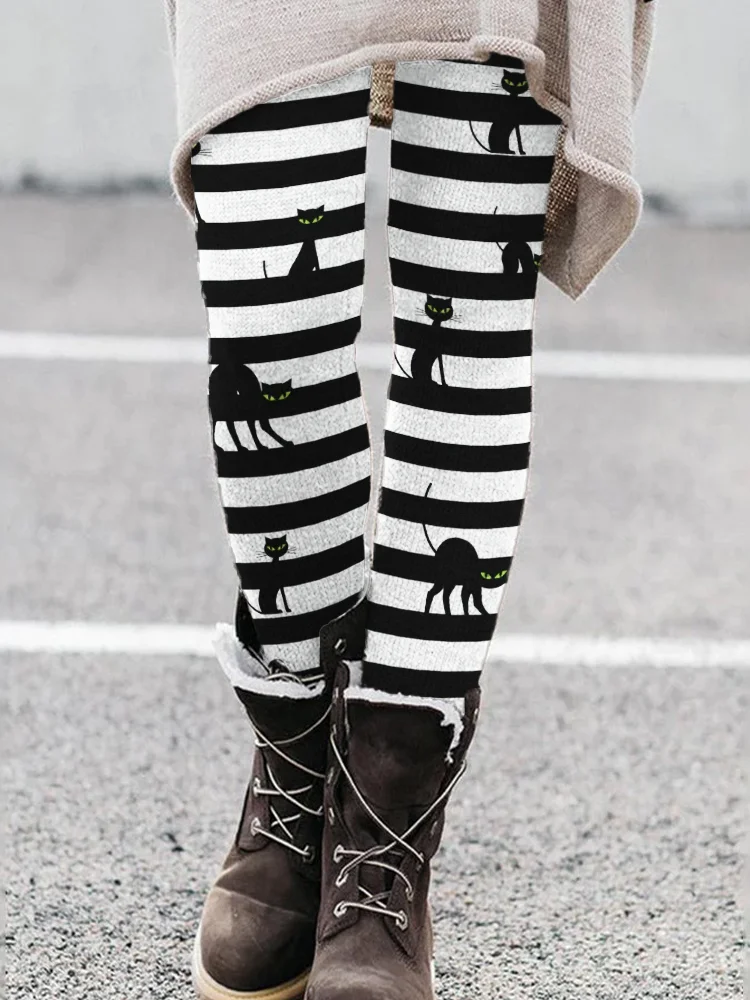 Vefave Halloween Black Cats Witch Inspired Striped Leggings