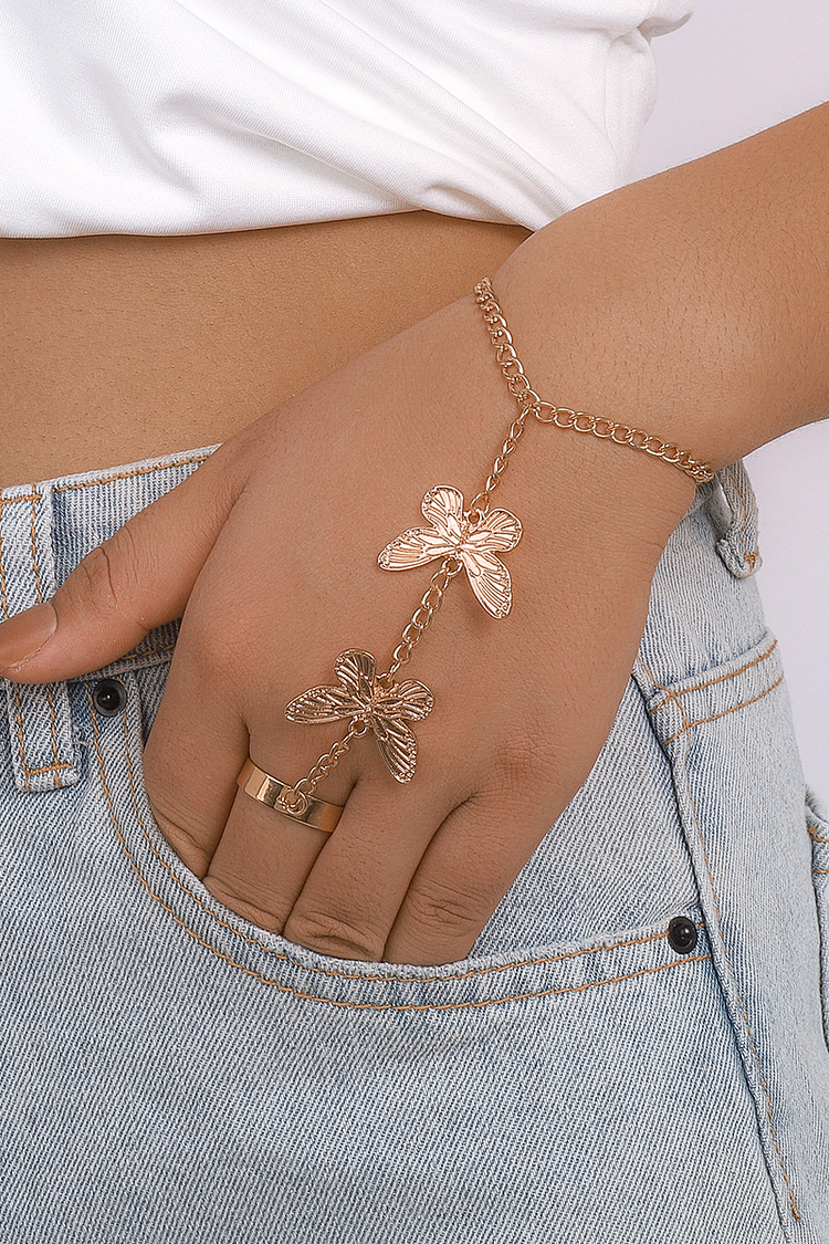 Fashionable Alloy Butterflies Finger Linked Bracelet-Gold